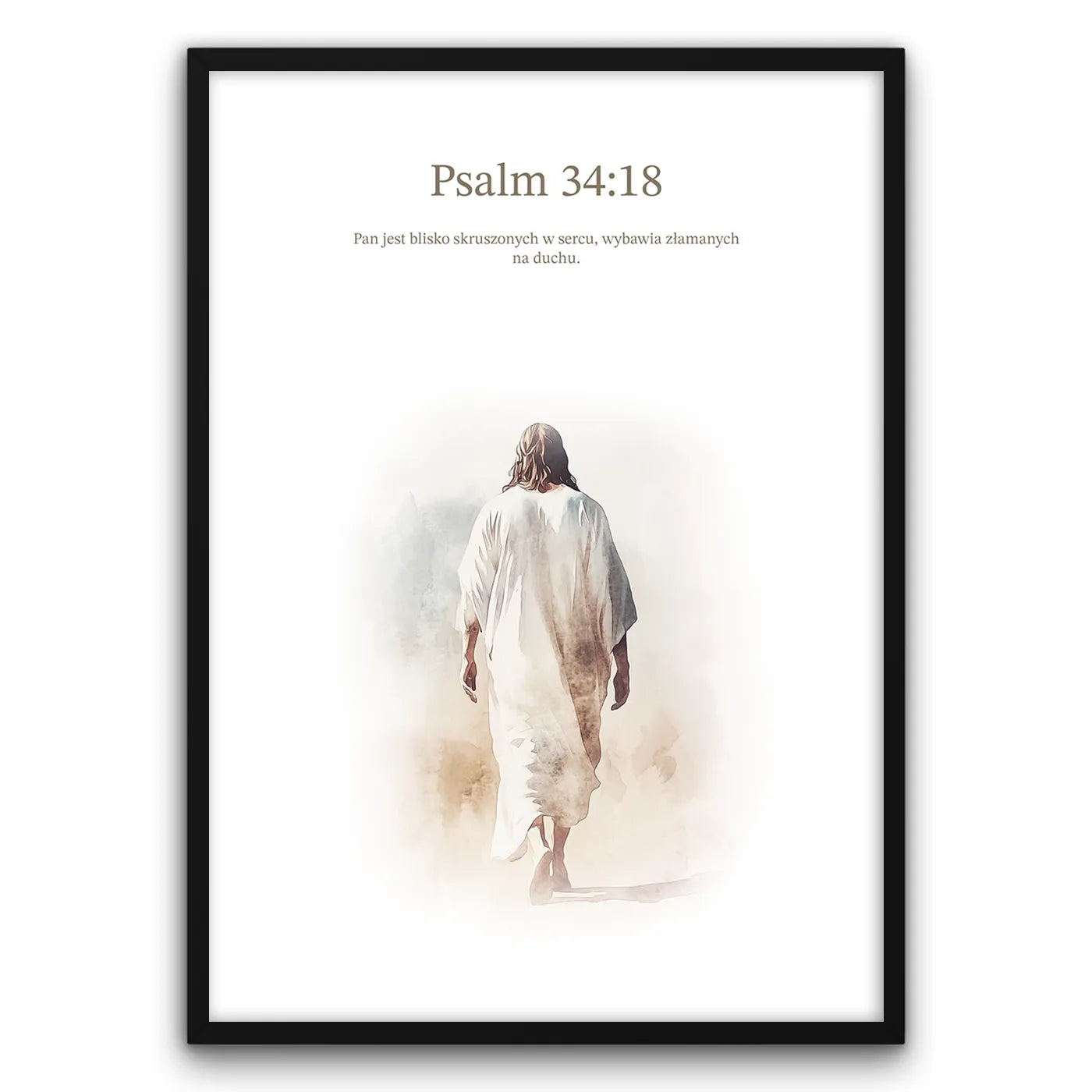 Plakat przedstawia postać w białej szacie idącą w oddali, z napisem "Psalm 34:18" oraz tekstem: "Pan jest blisko skruszonych w sercu, wybawia złamanych na duchu."