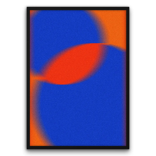 Plakat przedstawia abstrakcyjną kompozycję z intensywnymi kolorami niebieskim, pomarańczowym i czerwonym, tworzącymi dynamiczne kształty.