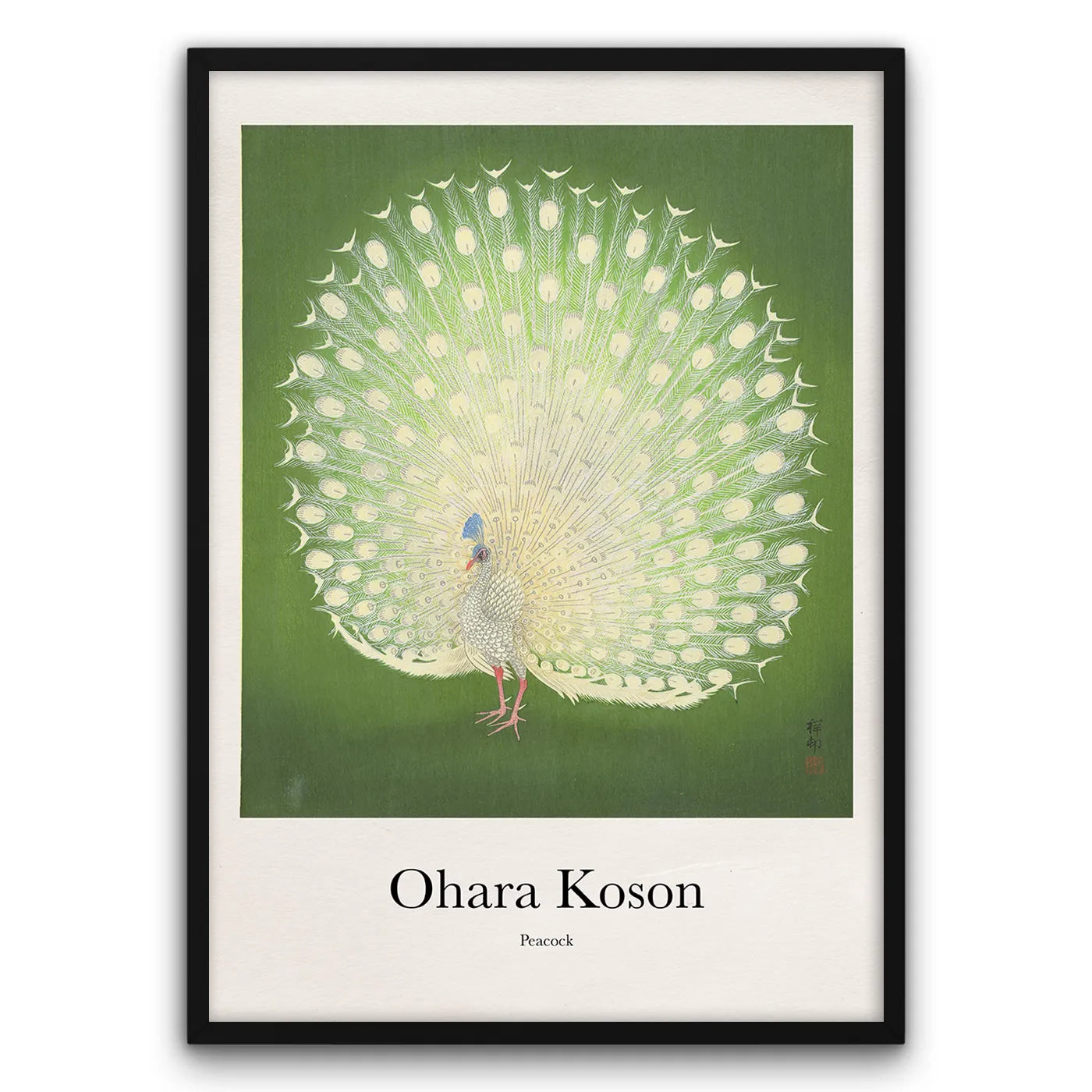 Plakat przedstawia białego pawia z rozłożonym ogonem na zielonym tle, autorstwa Ohara Koson.