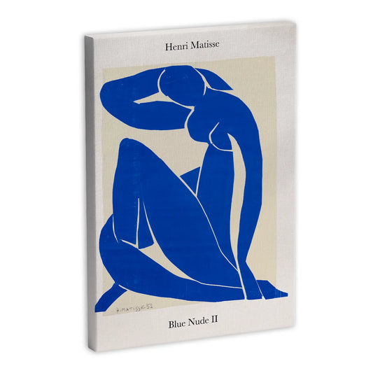Obraz na płótnie przedstawiający dzieło "Blue Nude II" autorstwa Henriego Matisse'a, ukazujące abstrakcyjną postać w odcieniach niebieskiego na jasnym tle.