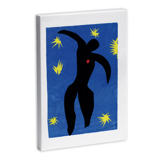 Obraz na płótnie przedstawiający abstrakcyjną sylwetkę na niebieskim tle z żółtymi gwiazdami, inspirowany dziełem Henriego Matisse'a "Ikar".