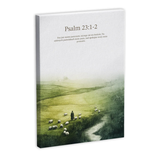 Obraz na płótnie przedstawiający pasterza z owcami na zielonych pastwiskach, z tekstem Psalmu 23:1-2 na górze.
