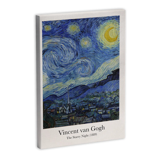 Obraz na płótnie przedstawiający "Gwiaździstą noc" Vincenta van Gogha, ukazujący wirujące niebo pełne gwiazd nad spokojnym miasteczkiem.