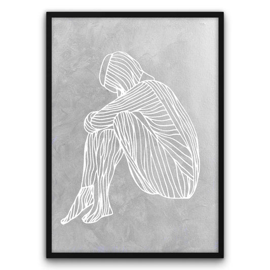 Plakat przedstawia minimalistyczną grafikę kobiety siedzącej z podkulonymi nogami, wykonaną w stylu line art na szarym tle.