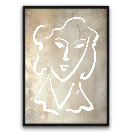 Plakat przedstawia minimalistyczny szkic twarzy w stylu Henri Matisse, wykonany białą linią na beżowym tle.