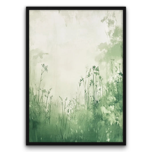 Plakat przedstawia delikatne zielone rośliny na tle jasnej, akwarelowej powierzchni, tworząc spokojny i naturalny krajobraz.